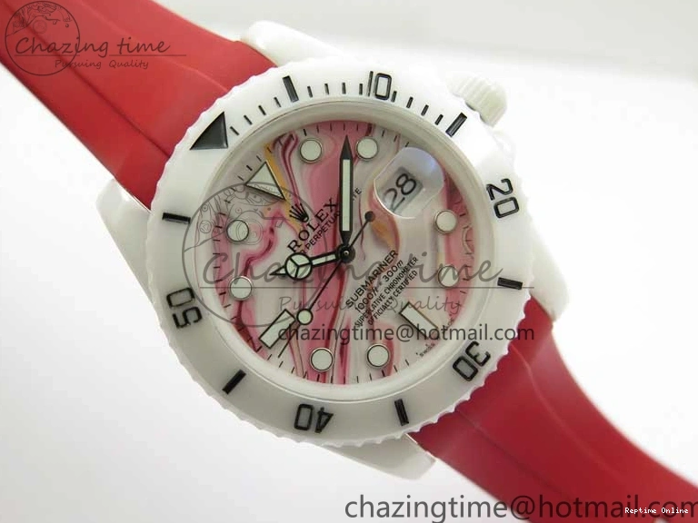 0123 WrinkleFree Submariner 40mm White Ceramic 5GF Best Edition White Red Dial on Red Rubber Strap SA 2485